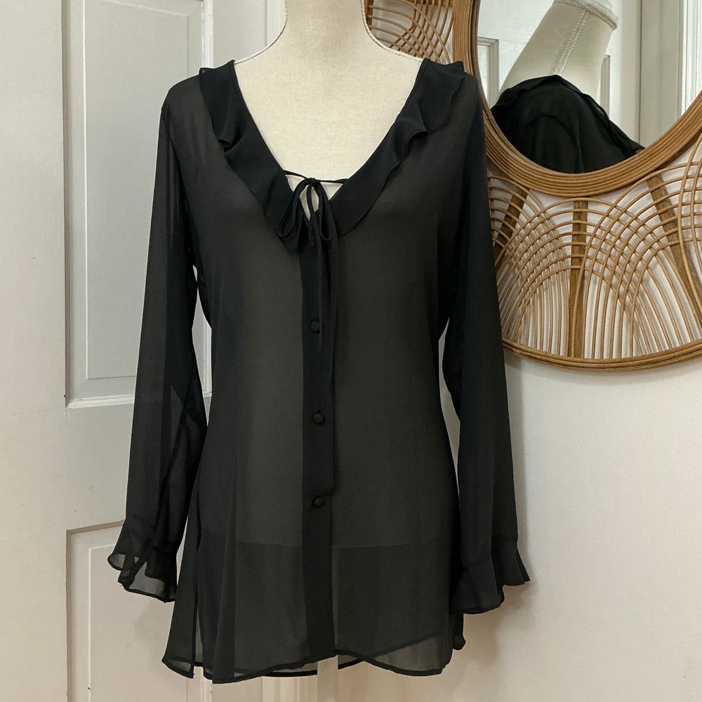 Victoria's Secret Sheer Black Ruffle Blouse M Y2K Whimsigoth Dark Academia VTG